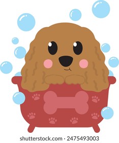 Fluffy brown dog in bath tub