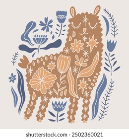 Fluffy brown ginger color ornamental tribal boho alpaca drawing. Funny smiling no drama llama cartoon funny nursery animal concept, baby stylish Illustration in Scandinavian style, unique print for