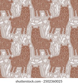 Fluffy brown ginger color ornamental tribal boho Fluffy brown ginger color ornamental tribal boho alpaca seamless pattern. Funny smiling no drama llama cartoon funny nursery animal concept, baby