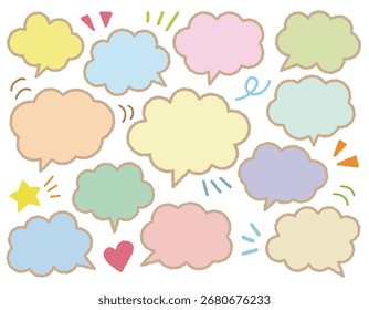 Líneas marrones esponjosas y conjunto de burbujas de discurso de nube de color pastel