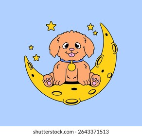 Filhote de cachorro marrom fofo feliz sentado em uma lua crescente amarela, cercado por estrelas brilhantes em ilustração de vetor de desenhos animados para desenhos infantis, impressões com tema de animais de estimação