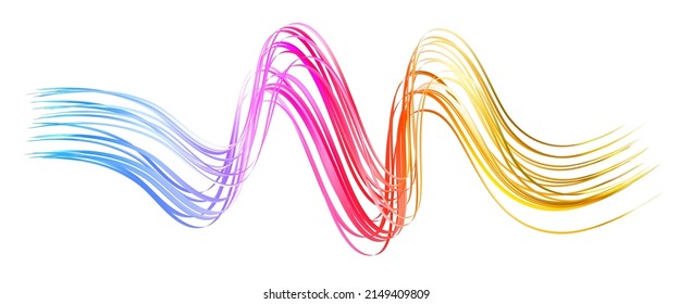 Fluffy bunch of blades of grass or hairs. Smear of dry paint, lines fluttering in the wind. Colorful flow brushstroke. Realistic volume wave. Liquid paint ink shape isolated on white background.