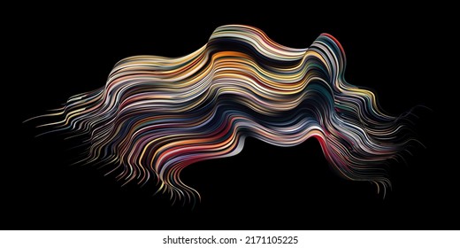 Fluffy bunch of blades of grass or hairs. Smear of dry paint, lines fluttering in the wind. Colorful flow brushstroke. Realistic volume wave. Liquid paint ink shape isolated on white background.