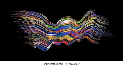 Fluffy bunch of blades of grass or hairs. Smear of dry paint, lines fluttering in the wind. Colorful flow brushstroke. Realistic volume wave. Liquid paint ink shape isolated on white background.