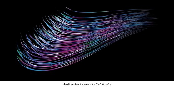 Fluffy bunch of blades of grass or hairs. Smear of dry paint, lines fluttering in the wind. Colorful flow brushstroke. Realistic volume wave. Liquid paint ink shape isolated on white background.