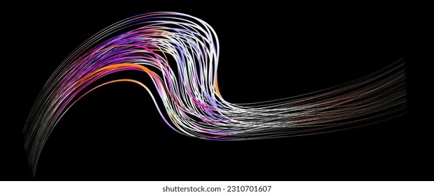 Fluffy bunch of blades of grass or hairs. Smear of dry paint, lines fluttering in the wind. Colorful flow brushstroke. Realistic volume wave. Liquid paint ink shape isolated on white background.