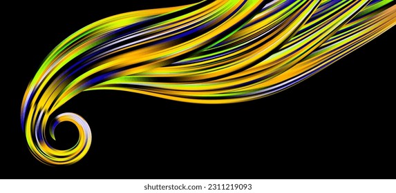 Fluffy bunch of blades of grass or hairs. Smear of dry paint, lines fluttering in the wind. Colorful flow brushstroke. Realistic volume wave. Liquid paint ink shape isolated on white background.