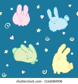 Fluffy bunnies wallpaper seamless pattern cute rabbits kawaii good night animals on blue