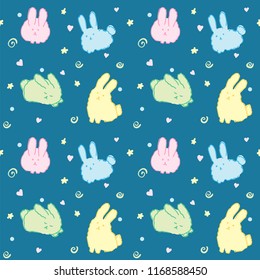 Fluffy bunnies wallpaper seamless pattern cute rabbits kawaii good night animals on blue