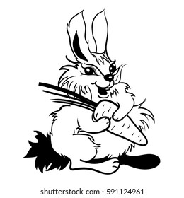 Fluffy bunny. Hare with a carrot. For children. Black and white illustration. Vector graphics. 