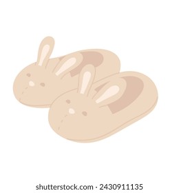 Fluffy bunny slippers. Cozy indoor slip with ears, soft flip flops cartoon vector illustration