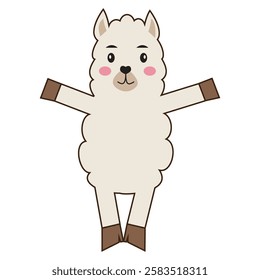 Fluffy cartoon alpaca with pink cheeks. Vector illustration.