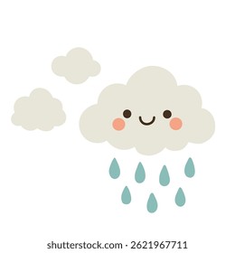 Fluffy cartoon clouds with falling rain, perfect for stormy weather illustrations, nature-inspired decor, and peaceful atmospheric art for children.