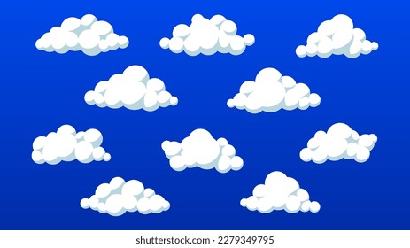 Fluffy cartoon clouds on blue sky. Vector illustration