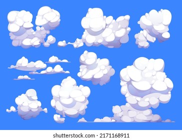 Fluffy cartoon clouds. Shine sky weather illustration panorama clean vector set isolated. Cloudscape and cloud nature fluffy in air