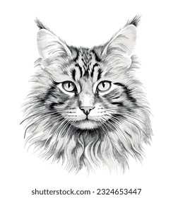 Fluffy cat head sitting and looking drawn ruckl sketch in engraving style Vector illustration.