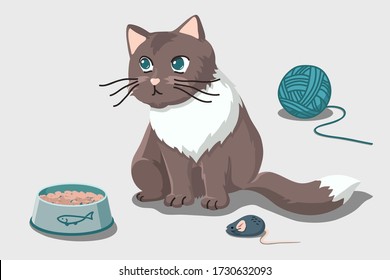 
Fluffy cat looks away. A pet sits near a bowl of food, toys and a ball of thread. Vector illustration isolated on background.