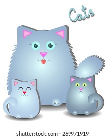 Fluffy cat mom with two cute kittens, isolated on white background