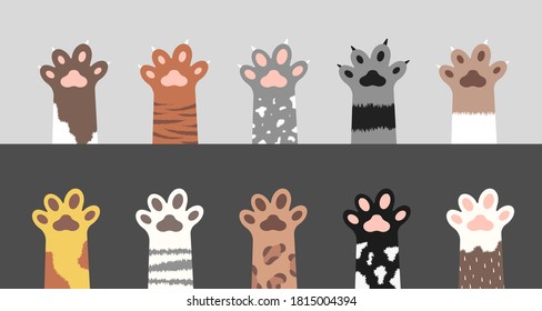 Fluffy Cat Pfows Kollektion. Set aus verschiedenen süßen Kätzchen Fußsilhouetten einzeln auf grauem und weißem Hintergrund. Konzept für Tiere und Haustiere. Vektorgrafik im Cartoon-Stil.