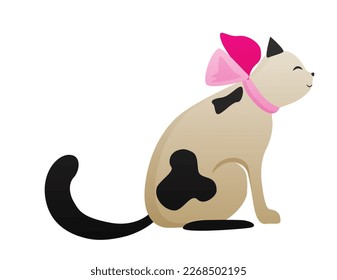 Fluffy cat with ribbon. Domestic animal, home pet with fur vector cartoon illustration