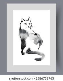 Fluffy cat with sad eyes sits and looks to side on wall art. Watercolor artwork. Print with cat or kitten in need of human affection and kind guardian, in frame with decor for poster