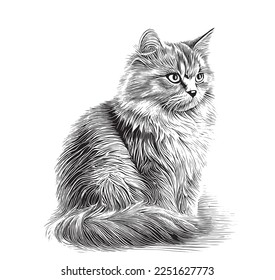 Fluffy cat sitting and looking drawn ruckl sketch in engraving style Vector illustration.