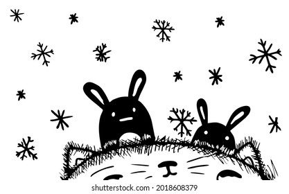 A fluffy cat with two cute bunnies watch the snow fall. Funny illustration in vector. Unique hand-drawn illustration for your design