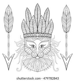 Fluffy Cat with wa rbonnet, arrows in zentangle style. Freehand boho sketch for adult coloring page, doodle element. Ornament artistic vector illustration for tattoo, t-shirt print. Animal collection.