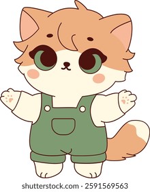 Fluffy Cat Wearing Green Overalls