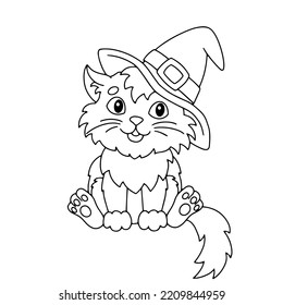 A fluffy cat in a witch hat. Halloween theme. Coloring book page for kids. Cartoon style. Vector illustration isolated on white background.