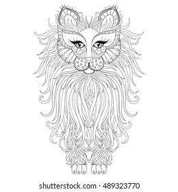 Fluffy Cat, zentangle style. Freehand sketch for adult antistress coloring page with doodle elements. Ornamental artistic vector illustration for tattoo, t-shirt print. Animal collection.