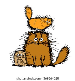 Fluffy cats family, sketch for your design