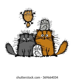 Fluffy cats family, sketch for your design