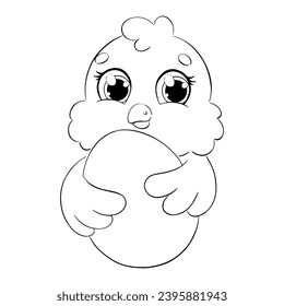 Fluffy chick holding an easter egg. Coloring book page for kids. Cartoon style character. Vector illustration isolated on white background.