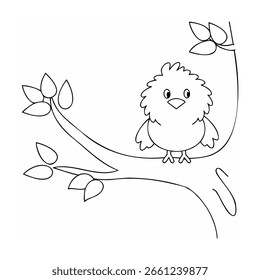 Pollito esponjoso encaramado en una rama de árbol con hojas de pájaro