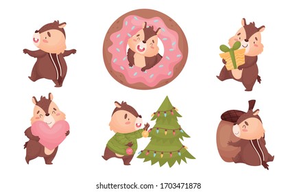 Fluffy Chipmunk Carrying Gift Box and Decorating Christmas Tree Vector Set