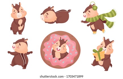 Fluffy Chipmunk Carrying Gift Box and Figure Skating Vector Set