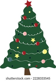 Fluffy Christmas tree with star and decoration, isolated vector illustration