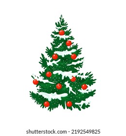 Fluffy Christmas tree. There is snow on the branches. Vector illustration in cartoon style on a white background. Isolated