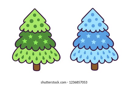 Fluffy christmas trees on white background. Winter pines. Vector illustration.