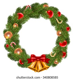 Fluffy Christmas wreath with fir-tree branches and christmas decorations. Red and golden christmas balls, jingle bells and candy canes. Isolated on white background. Vector illustration.