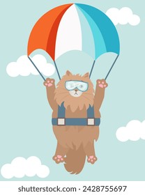 A fluffy and chubby cat doing skydiving with a funny expression in the sunny day.