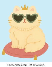 Gato gordinho fofo descansando em travesseiro de veludo com óculos de sol de coração
Uma ilustração caprichosa de um gato fofo e gordinho que descansa dramaticamente em um travesseiro de veludo rosa plush. O gato usa um coração muito grande.