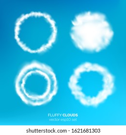 Fluffy circular cloud frames. Circle white clouds isolated on holf transparent background. Vector illustration for your graphic design.