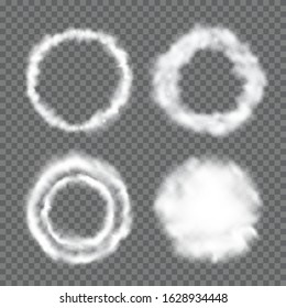 Fluffy circular cloud frames. Circle white clouds isolated on holf transparent background. Vector illustration for your graphic design.