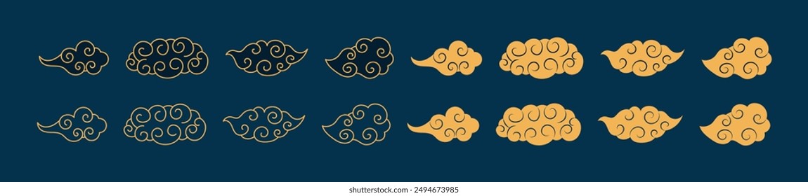 Fluffy cloud design elements collection, isolated clip art. Hand drawn line art, flat, silhouette vector illustration. Mid Autumn Festival, Dragon Boat Festival, Lunar New Year traditional holiday set