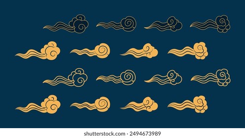 Fluffy cloud design elements collection, isolated clip art. Hand drawn line art, flat, silhouette vector illustration. Mid Autumn Festival, Dragon Boat Festival, Lunar New Year traditional holiday set