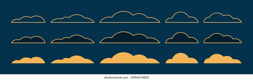 Fluffy cloud design elements collection, isolated clip art. Hand drawn line art, flat, silhouette vector illustration. Mid Autumn Festival, Dragon Boat Festival, Lunar New Year traditional holiday set