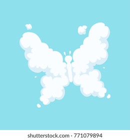 Fluffy cloud in form of flying butterfly with opened wings. Cartoon kids style. Insect icon. Flat vector design for greeting card, kids book cover or print