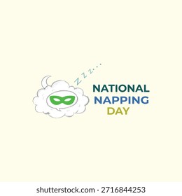 Nube esponjosa con máscara de sueño, luna creciente y texto del "Día Nacional de la Siesta" sobre fondo claro